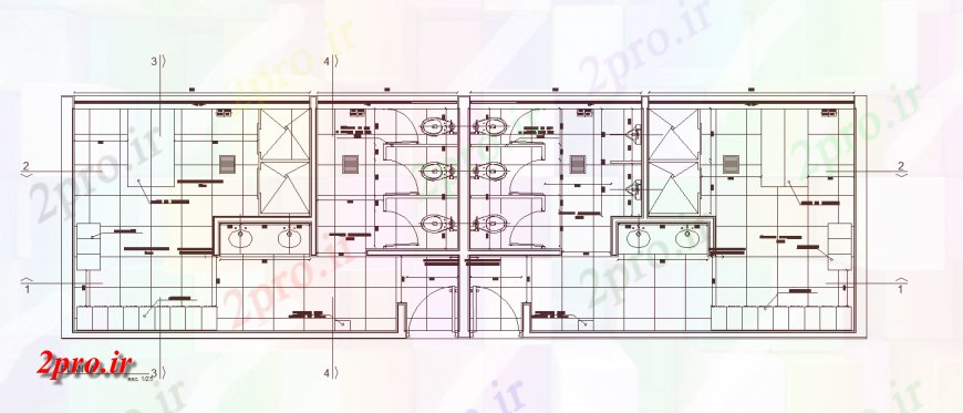 دانلود نقشه حمام مستر جزئیات توالت عمومی طراحی 4 در 14 متر (کد139820)