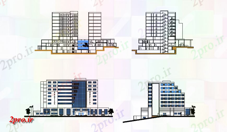 دانلود نقشه هتل - رستوران - اقامتگاه  پنج ستاره هتل تجملات نما ساختمان و نما تماس و جزئیات  مقطعی  (کد139896)