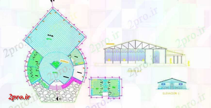 دانلود نقشه ورزشگاه ، سالن ورزش ، باشگاه ورزشی مرکز منطقه بازی بالای صفحه طرحی جزئیات 10 در 65 متر (کد139970)