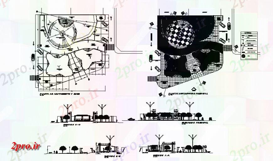 دانلود نقشه باغ پارک دروازه اصلی نما، بخش و ساختار محوطه سازی جزئیات  (کد140039)