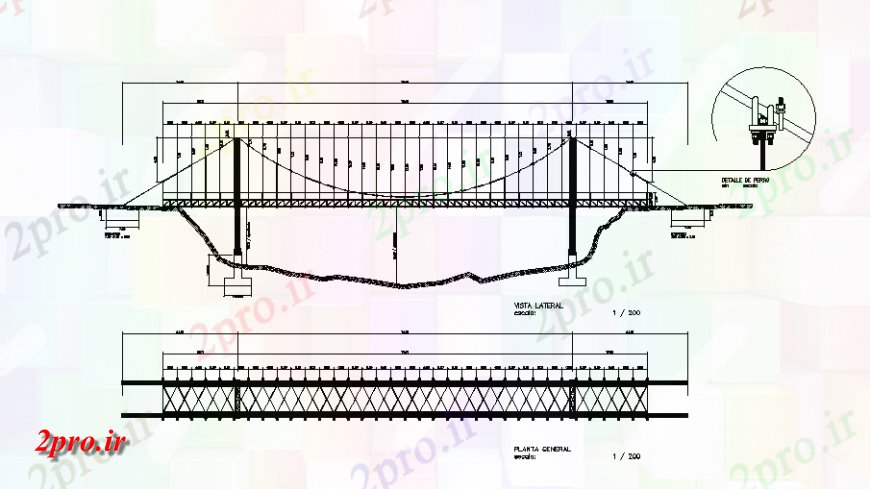 دانلود نقشه جزئیات ساخت پل حلق آویز قسمت جلو پل، طرحی و جزئیات  سازنده  (کد140068)