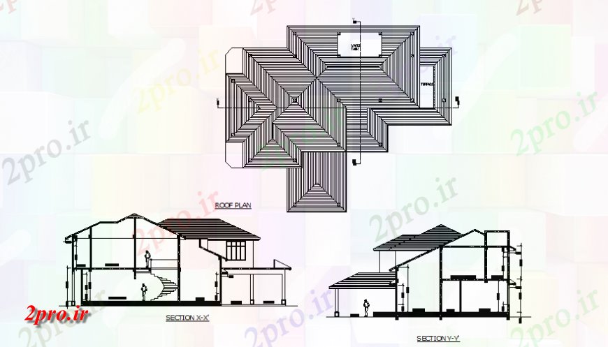 دانلود نقشه مسکونی  ، ویلایی ، آپارتمان  نما و بخش تماس با جزئیات طرحی پشت بام خانه (کد140071)