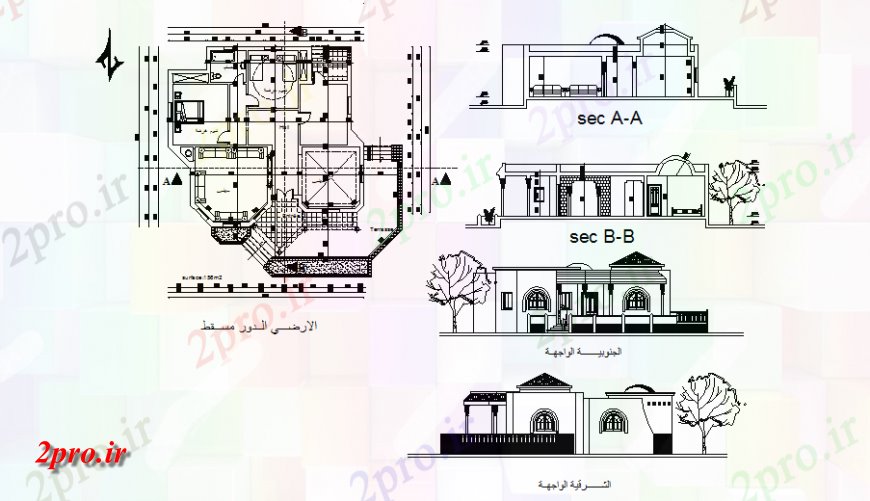 دانلود نقشه مسکونی  ، ویلایی ، آپارتمان  نما و نما عقب و بخش و طرحی طبقه اول جزئیات ویلا  (کد140237)