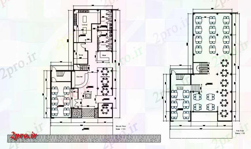 دانلود نقشه هتل - رستوران - اقامتگاه رستوران Kirirom طرحی جزئیات 12 در 22 متر (کد140265)