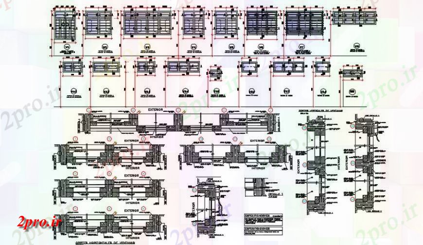 دانلود نقشه جزئیات طراحی در و پنجره انواع مختلفی از جزئیات پنجره مقطعی 13 در 34 متر (کد140455)