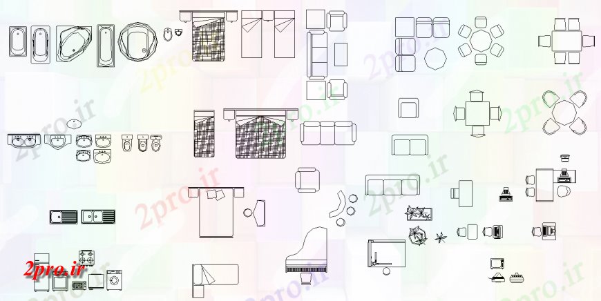 دانلود نقشه بلوک مبلمان انواع مختلف مبلمان و طراحی ظروف بهداشتی  (کد140473)