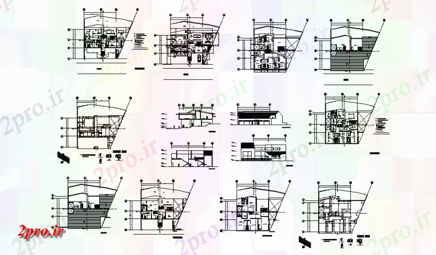 دانلود نقشه مسکونی  ، ویلایی ، آپارتمان  یک خانواده نما مسکن، بخش، طرحی طبقه و ساختار جزئیات (کد140486)