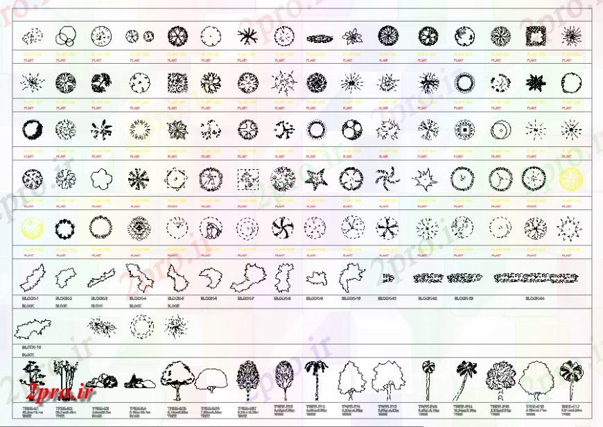 دانلود نقشه درختان و گیاهان بسیاری از گیاهان طرحی بلوک و نما جزئیات  (کد140533)