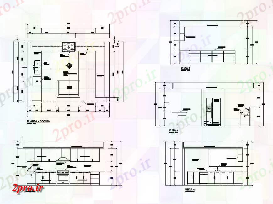 دانلود نقشه آشپزخانه ساختار آشپزخانه جزئیات مقطعی و طرحی  چیدمان  دو بعدی   (کد140596)