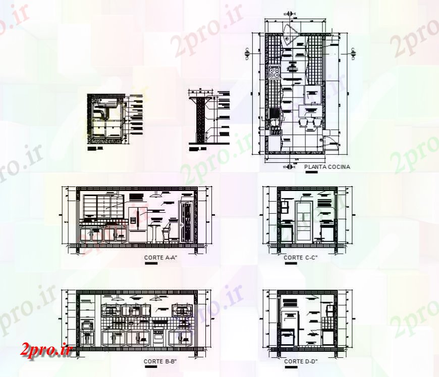 دانلود نقشه آشپزخانه طرحی و بخش آشپزخانه جزئیات طرحی دو بعدی ساخت و ساز اتوکد 3 در 5 متر (کد140598)