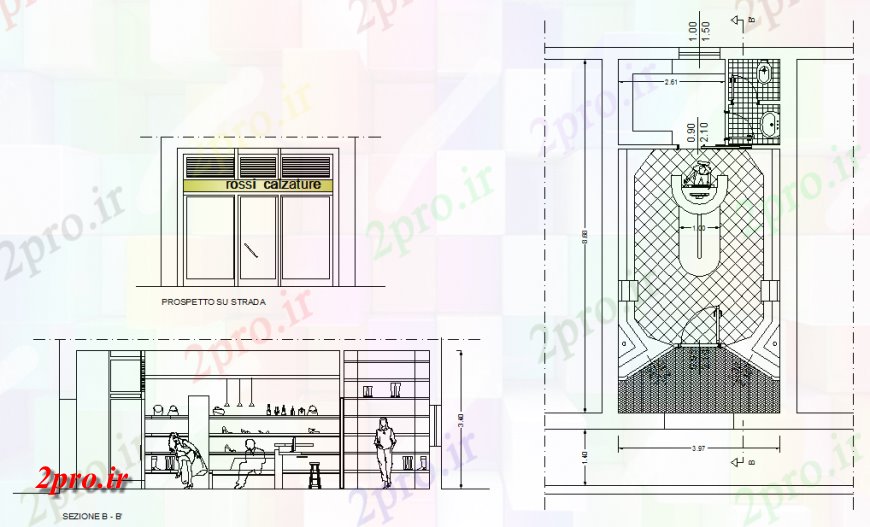 دانلود نقشه ساختمان اداری - تجاری - صنعتی طرحی فروشگاه کفش، نما و بخش 4 در 9 متر (کد140643)