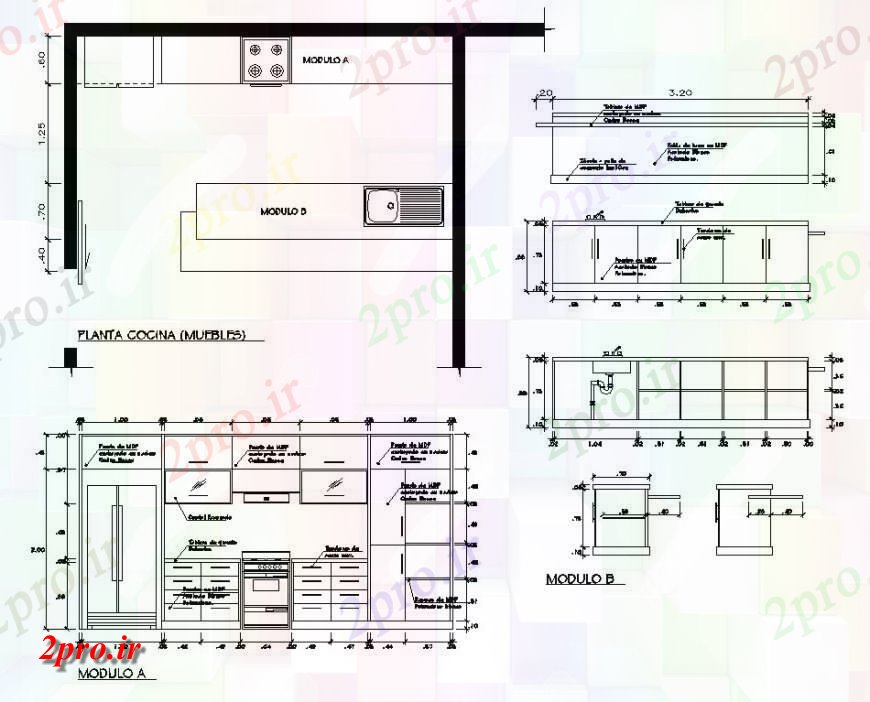 دانلود نقشه آشپزخانه طرحی و نما از جزئیات آشپزخانه  چیدمان  دو بعدی  اتوکد (کد140957)