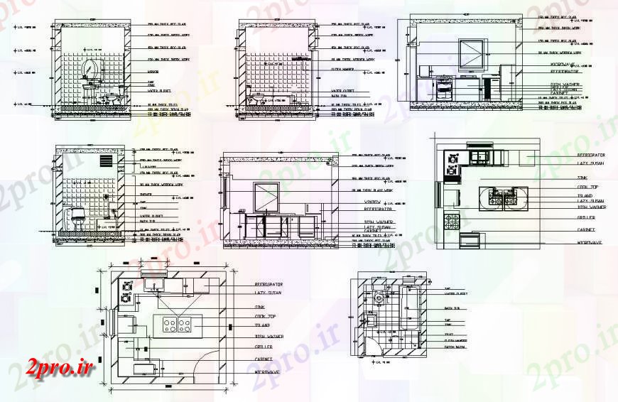 دانلود نقشه آشپزخانه برنامه و جزئیات مقطعی از توالت بهداشتی و آشپزخانه دو بعدی    ساختار طرحی  اتوکد (کد140961)