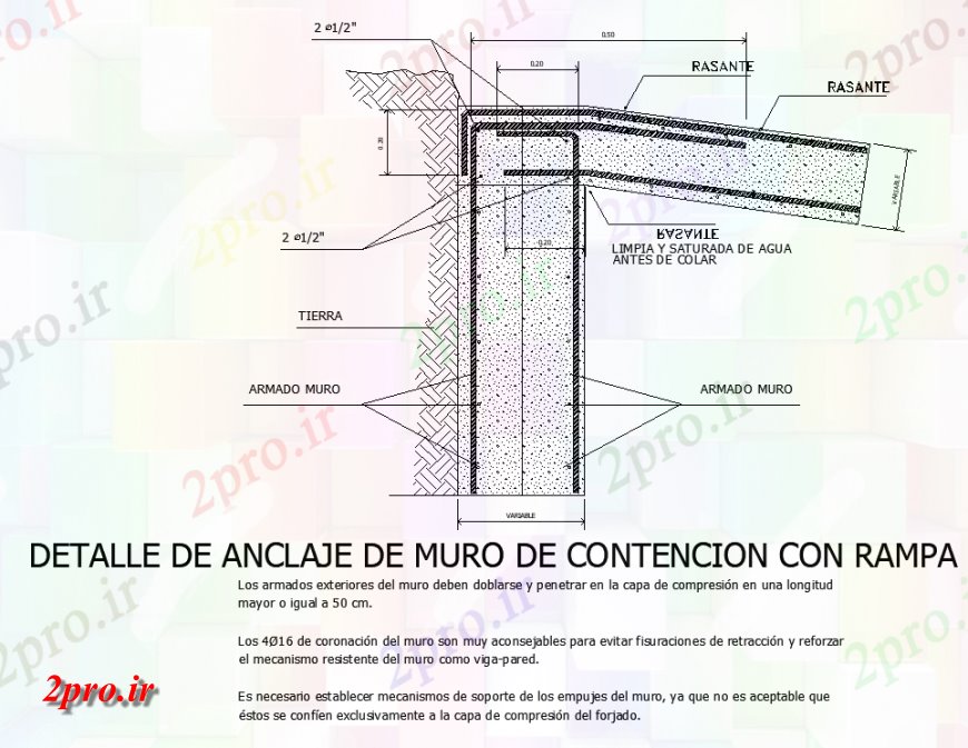 دانلود نقشه جزئیات ساخت و ساز دیوار حائل جزئیات لنگر با سطح شیب دار  (کد140969)