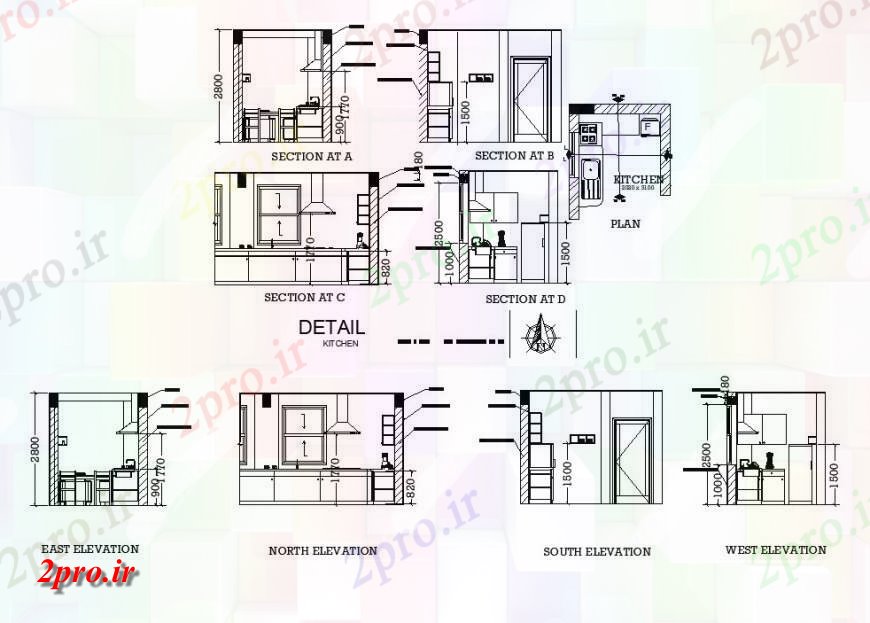 دانلود نقشه آشپزخانه نما و جزئیات مقطعی از طرحی آشپزخانه ساختار   (کد140975)