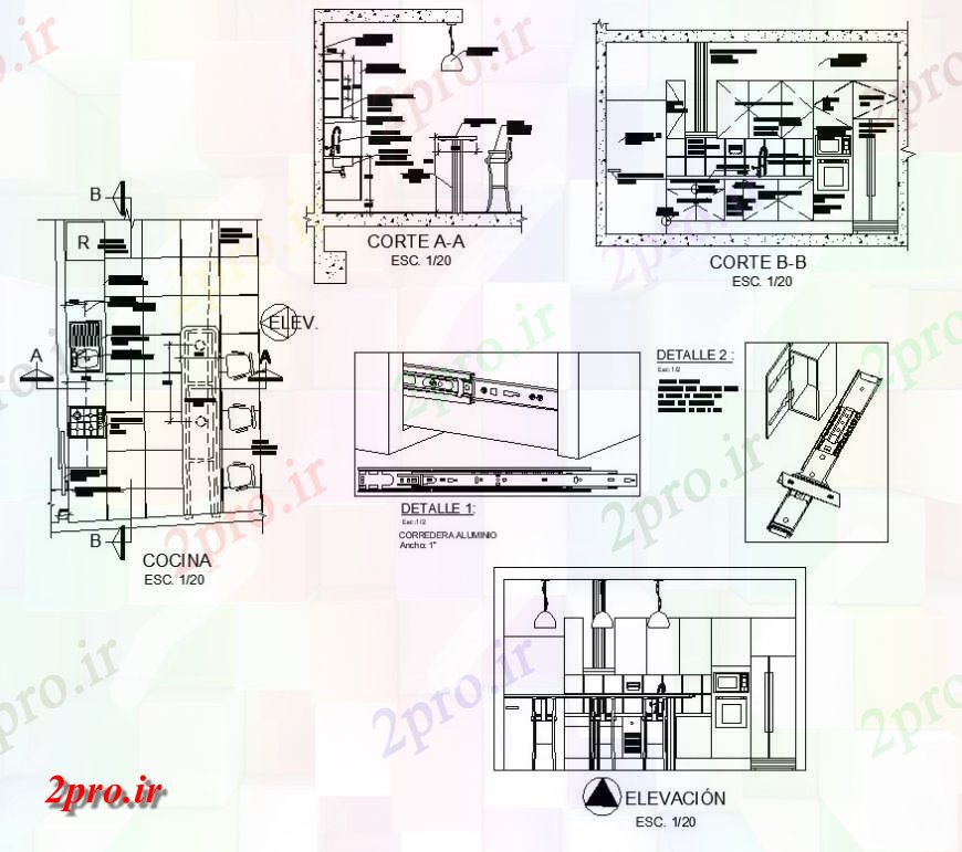 دانلود نقشه آشپزخانه نما، طرحی و جزئیات مقطعی از آشپزخانه طرحی بلوک ساختاری  (کد141052)