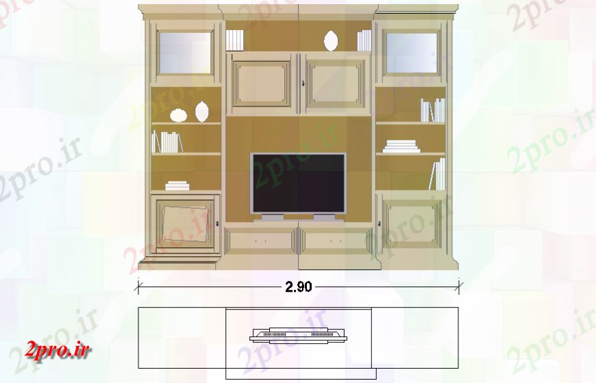 دانلود نقشه طراحی و مبلمان اتاقچوبی طرحی مبلمان TV و نما  چیدمان (کد141156)