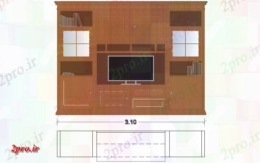 دانلود نقشه طراحی و مبلمان اتاقجزئیات واحد TV طرحی مبلمان و نما  چیدمان (کد141158)