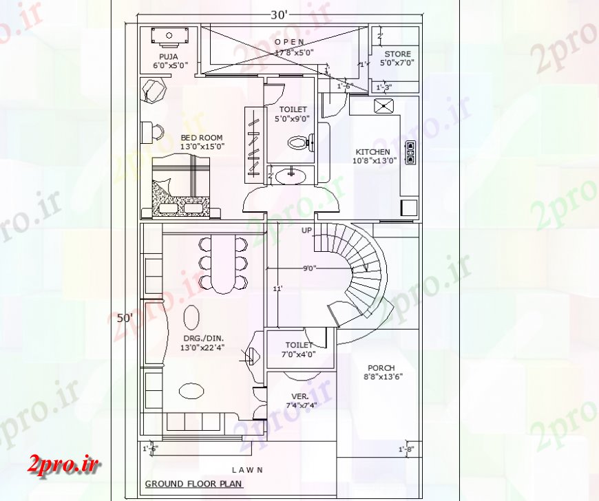 دانلود نقشه مسکونی ، ویلایی ، آپارتمان طرحی طبقه همکف ویلا طراحی 9 در 15 متر (کد141209)