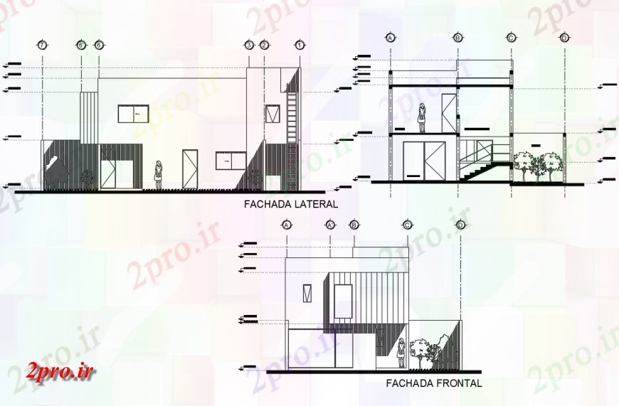 دانلود نقشه مسکونی ، ویلایی ، آپارتمان جزئیات نما مقابل یک خانه رسم 10 در 12 متر (کد141219)