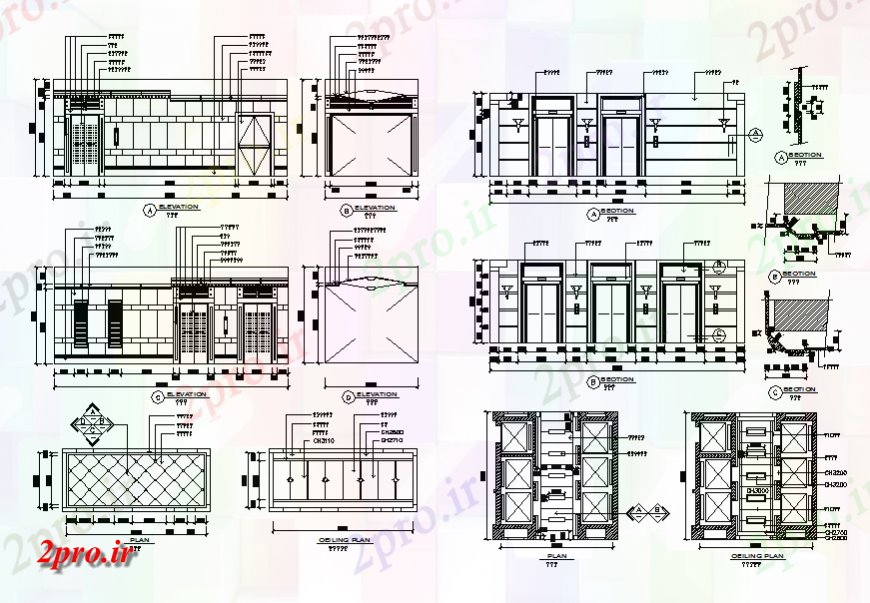 دانلود نقشه حمام مستر توالت عمومی تمام نما طرفه، بخش، برنامه ریزی و طرحی سقف جزئیات  (کد141230)