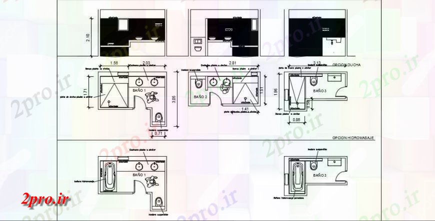 دانلود نقشه حمام مستر طرحی حمام بالای طرحی و جزئیات مقطعی 3 در 4 متر (کد141298)