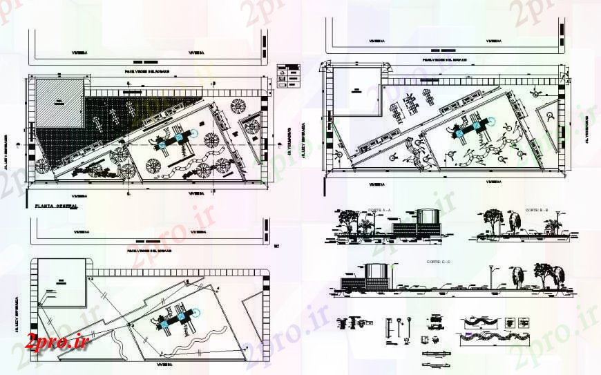 دانلود نقشه  طراحی پارک - محوطه - باغ   برنامه و جزئیات مقطعی از یک  بلوک طرحی پارک  اتوکد (کد141347)