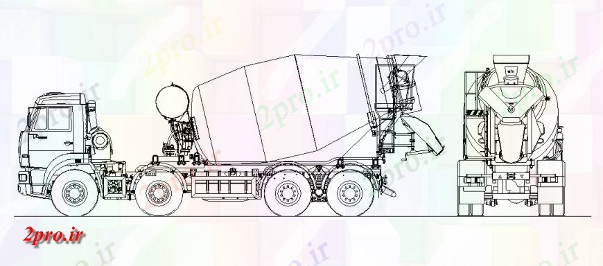 دانلود نقشه بلوک وسایل نقلیه کاماز سمت کامیون میکسر بتن و نمای پشت  (کد141358)