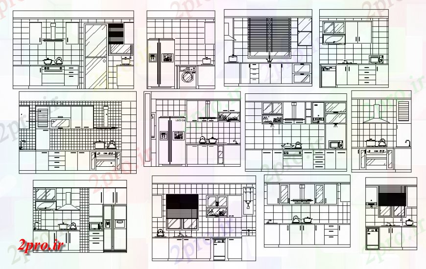 دانلود نقشه آشپزخانه آشپزخانه تمام طرفه بخش، نما، طرحی و داخلی جزئیات (کد141362)