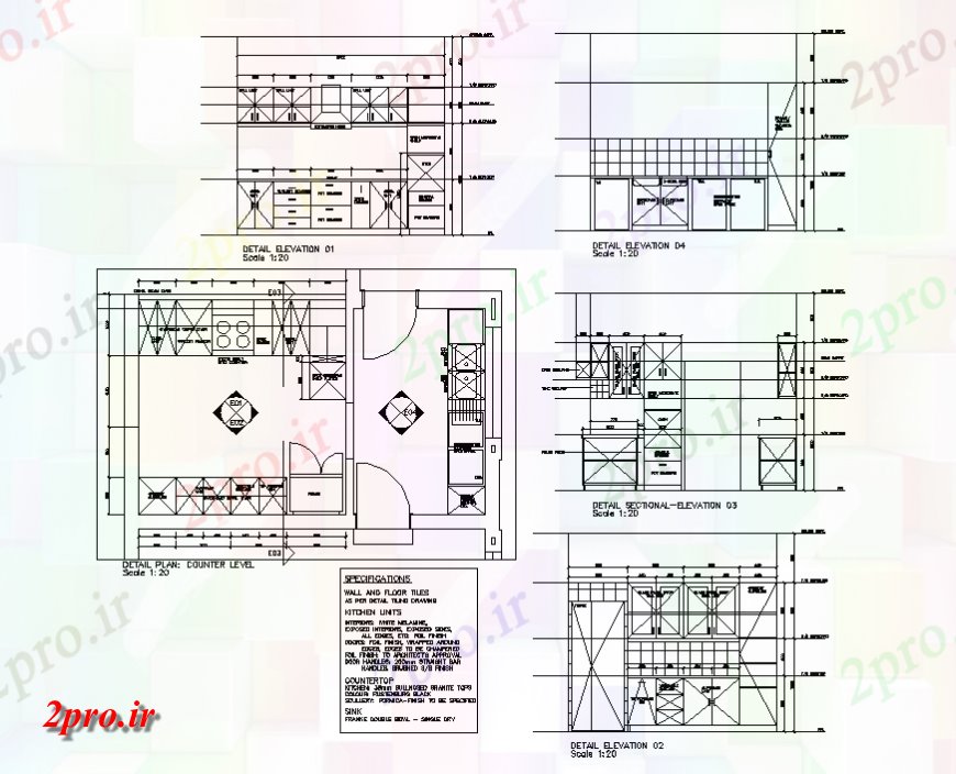دانلود نقشه آشپزخانه نما آشپزخانه مسکونی، طرحی و خودکار جزئیات 4 در 6 متر (کد141369)
