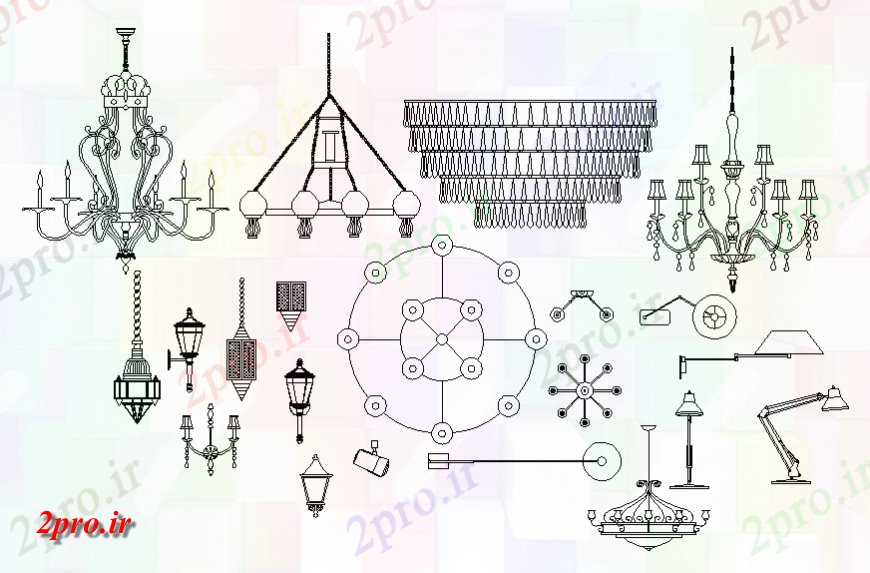 دانلود نقشه بلوک ، آرام ، نماد خلاق و لامپ های لوستر های تزئینی بلوک های  (کد141383)