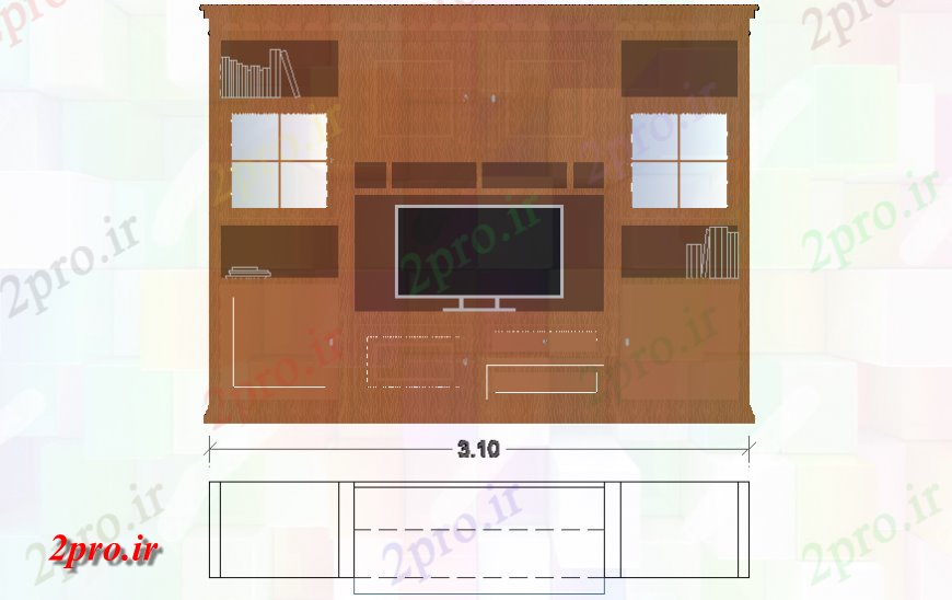 دانلود نقشه طراحی و مبلمان اتاقجزئیات از TV طرحی مبلمان واحد و نما  چیدمان (کد141431)