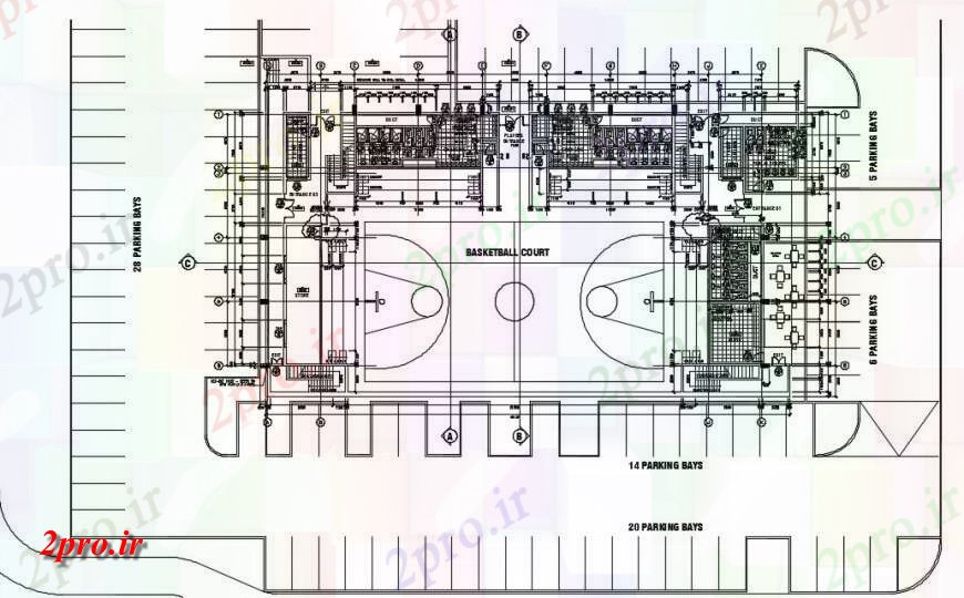 دانلود نقشه ورزشگاه ، سالن ورزش ، باشگاه ورزشگاه از یک دادگاه سبد توپ بالای صفحه طراحی 28 در 50 متر (کد141606)