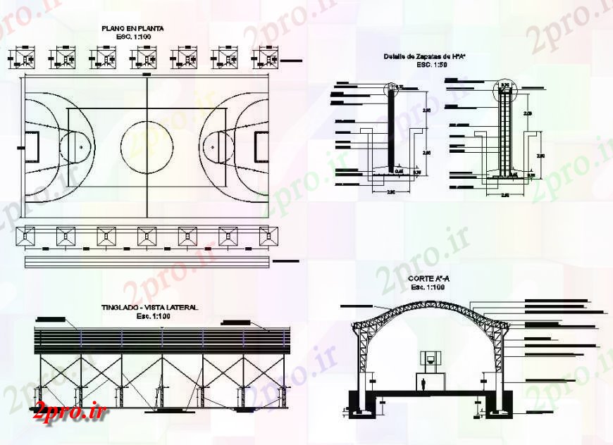 دانلود نقشه ورزشگاه ، سالن ورزش ، باشگاه طرحی ورزشگاه سبد توپ، نما و بخش طرحی ساختار  (کد141639)