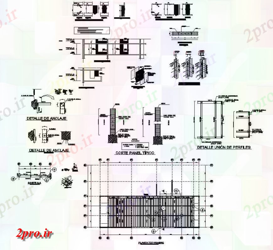 دانلود نقشه جزئیات ساخت و ساز لنگر و ساختار پانل جزئیات طرحی  دو بعدی  و بخش بلوک   چیدمان اتوکد (کد141640)