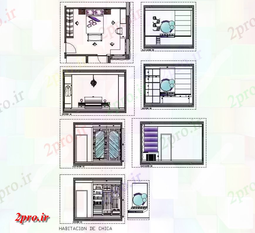 دانلود نقشه حمام مستر فضای داخلی اتاق خواب جزئیات طراحی ساختاری اتوکد 4 در 5 متر (کد141821)