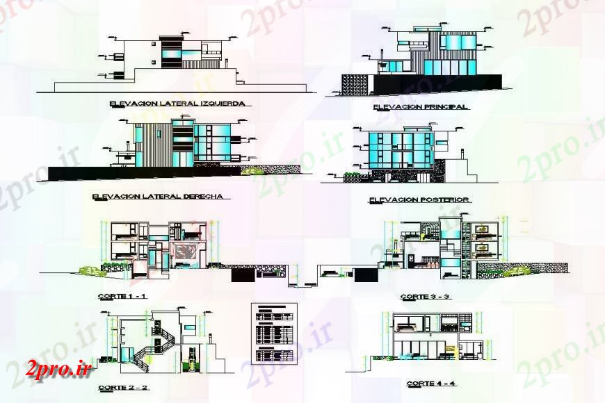 دانلود نقشه مسکونی  ، ویلایی ، آپارتمان  نما و بخش های تک خانواده خانه  (کد141896)