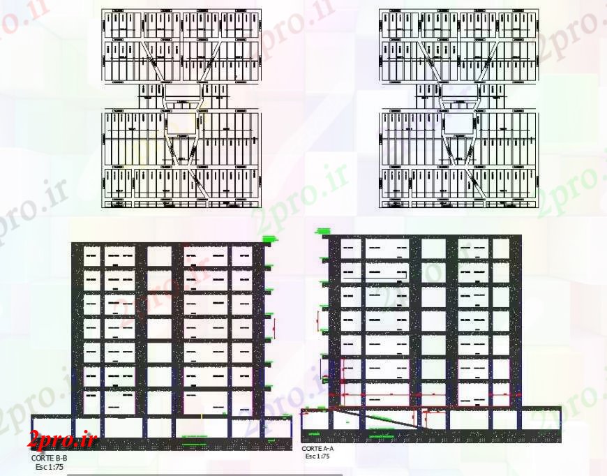 دانلود نقشه ساختمان اداری - تجاری - صنعتی برنامه و بخش ساختمان شرکت های بزرگ 20 در 25 متر (کد141940)