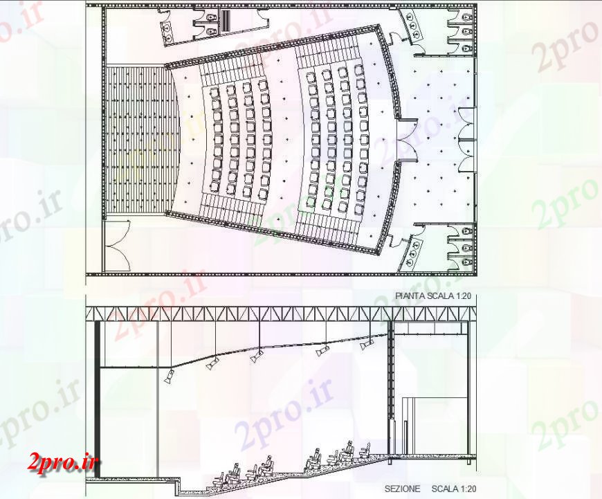 دانلود نقشه ساختمان اداری - تجاری - صنعتی برنامه و بخش جزئیات اتوکد سالن 14 در 18 متر (کد142055)