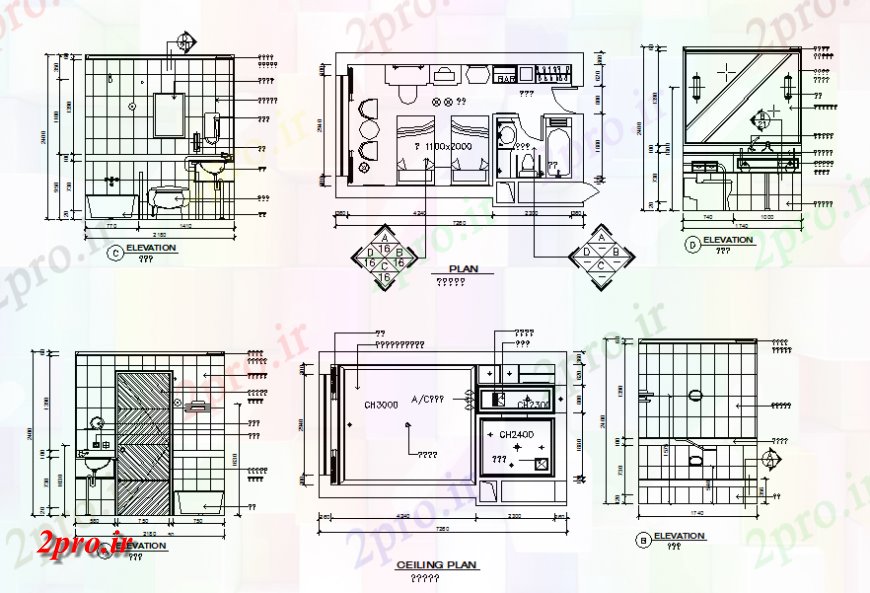 دانلود نقشه حمام مستر خانه بهداشتی تمام نما طرفه، برنامه ریزی و طرحی سقف جزئیات 4 در 7 متر (کد142072)