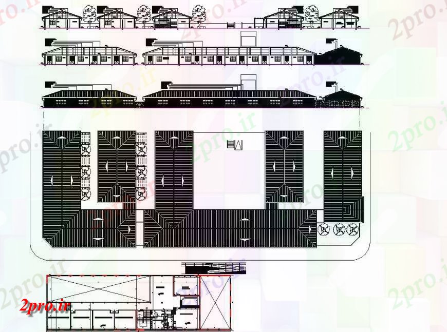 دانلود نقشه هتل - رستوران - اقامتگاه طرح، نما و بخش هتل جزئیات ساخت جزئیات 37 در 102 متر (کد142143)