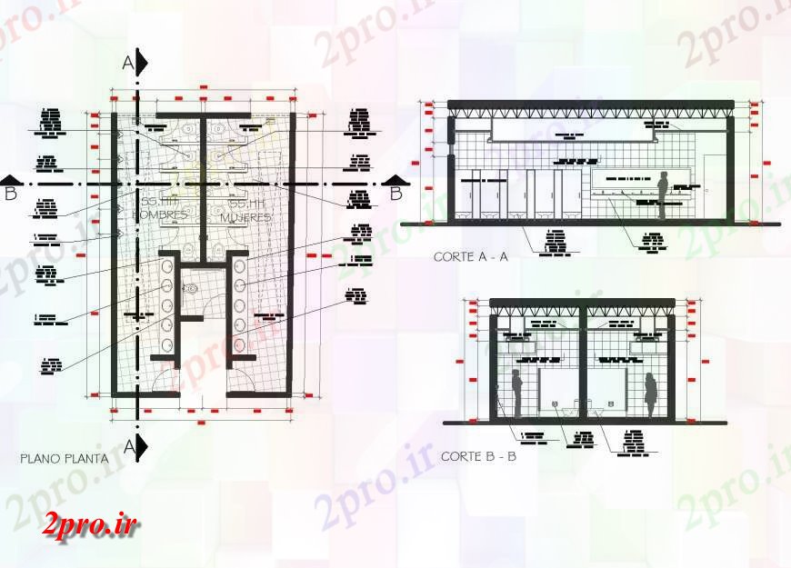 دانلود نقشه ساختمان اداری - تجاری - صنعتی جزئیات معماری سرویس بهداشتی در طرح 7 در 11 متر (کد142311)