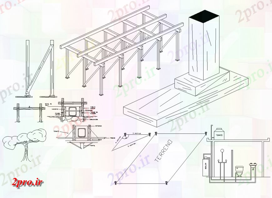 دانلود نقشه طراحی جزئیات تقویت کننده باران مجبور میله های دال مسطح نما و نمای ایزومتریک (کد142341)