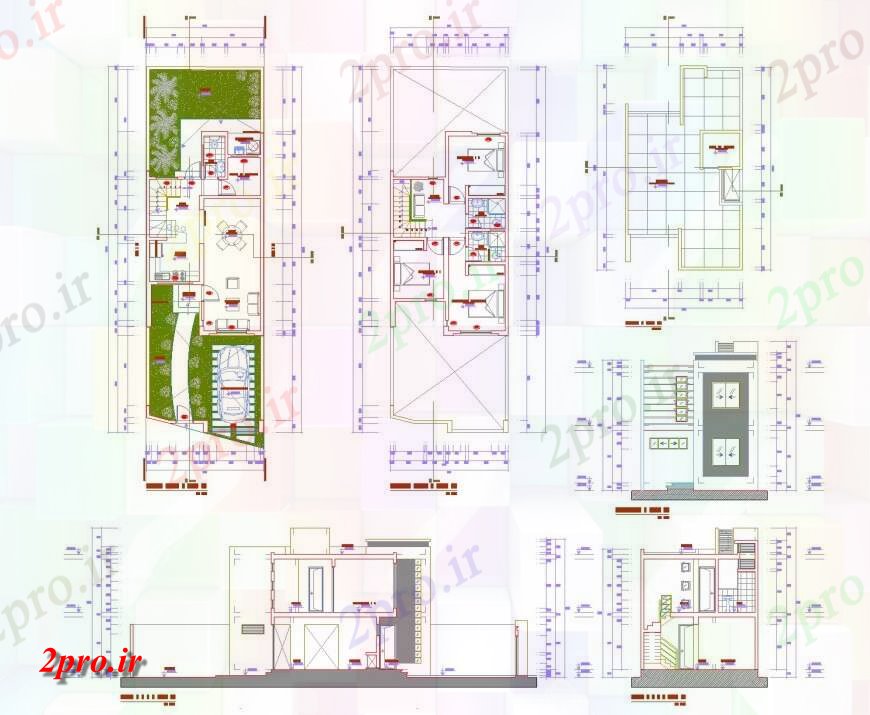 دانلود نقشه ساختمان اداری - تجاری - صنعتی طرح، نما و بخش چند طرحی 7 در 11 متر (کد142404)