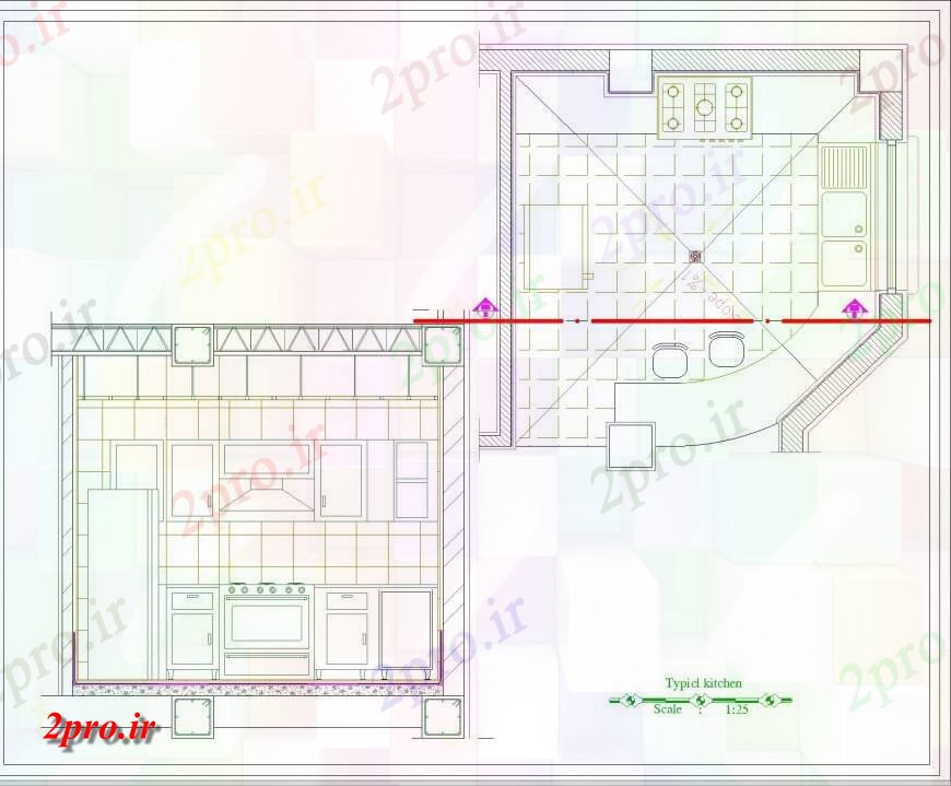دانلود نقشه آشپزخانه جزئیات طرحی آشپزخانه و نما  چیدمان (کد142565)