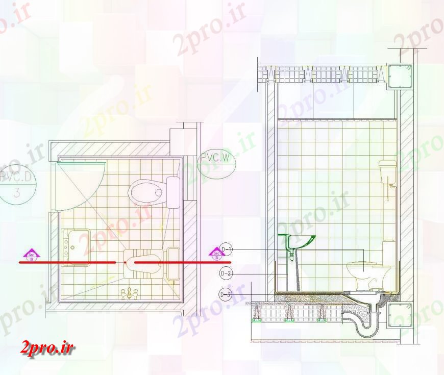 دانلود نقشه حمام مستر جزئیات طرحی توالت و بخش  (کد142566)