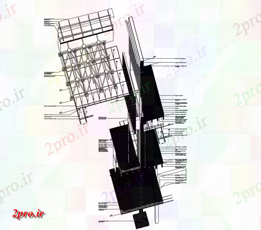 دانلود نقشه طراحی جزئیات ساختار  ساختار با سطح کف و نمای منطقه سقف با نمای ایزومتریک (کد142732)