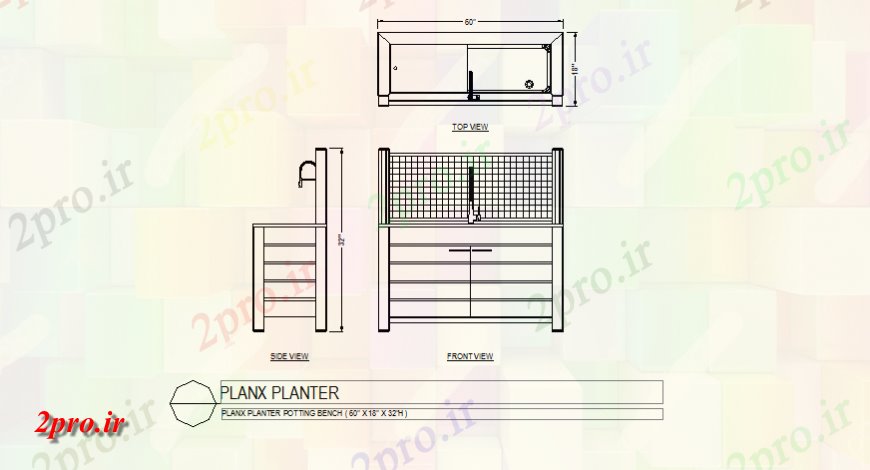 دانلود نقشه بلوک ، آرام ، نماد طرحی زمینی گلدان جزئیات نیمکت Planx و نما  (کد142954)