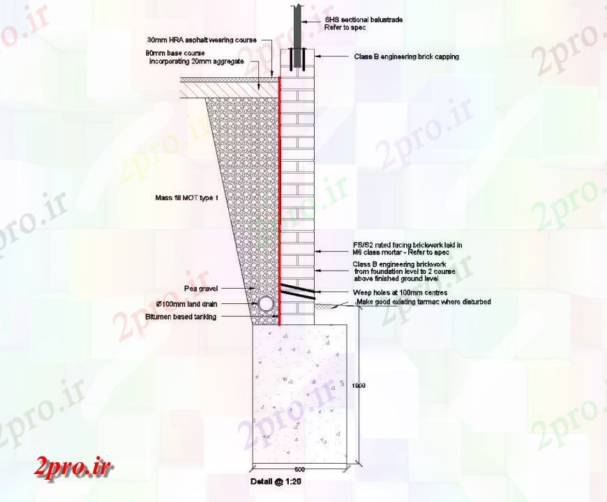 دانلود نقشه بلوک ، آرام ، نماد دیوار آجری  و نرده جزئیات (کد142988)