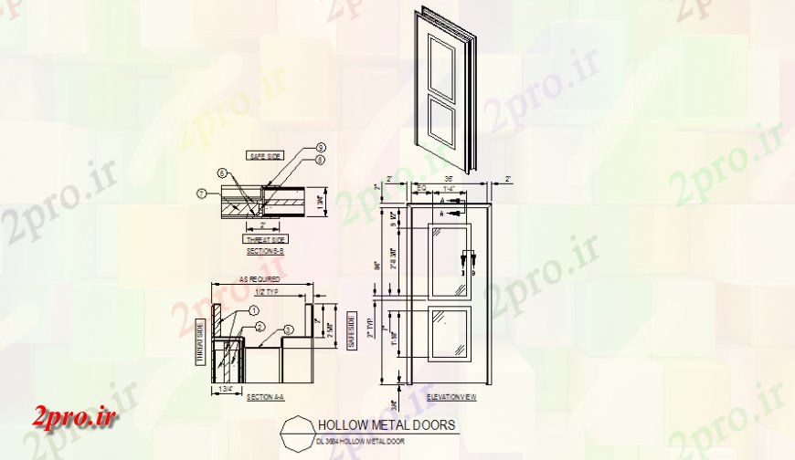 دانلود نقشه جزئیات طراحی در و پنجره  طرحی جزئیات درب فلزی شیشه ای توخالی، نما و بخش  (کد143023)